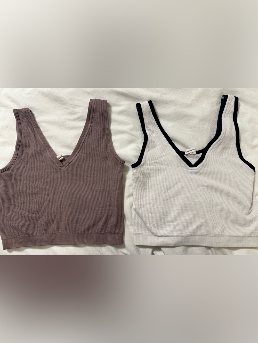 Bundle 2 Fabletics Ribbed Athletic Crop Tops — Mauve and White with Black Trim